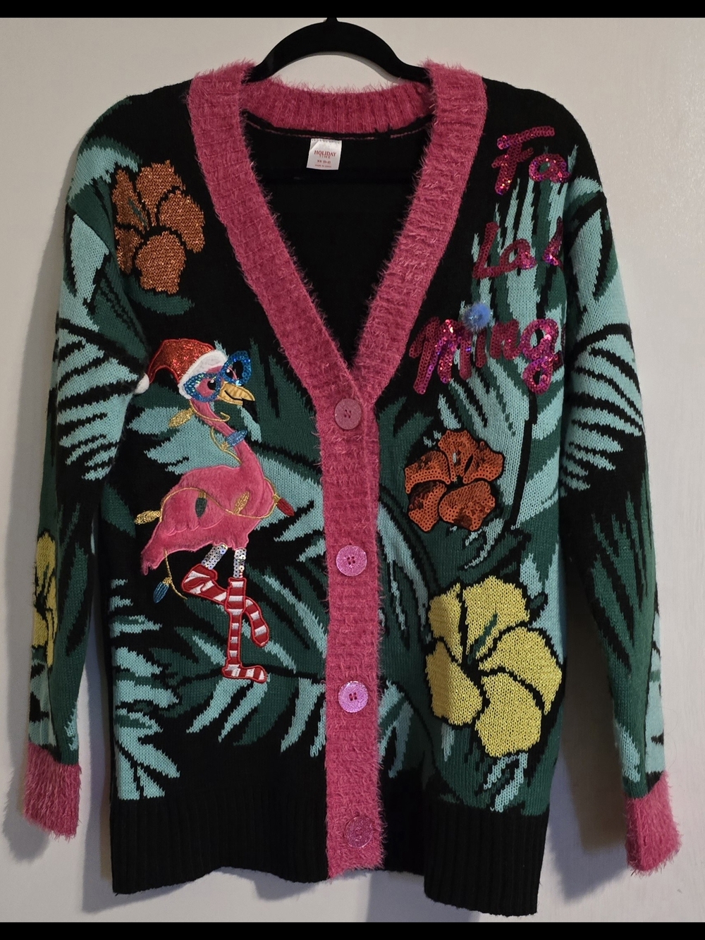 Holiday Time Flamingo Cardigan Sweater Women’s XS Pink Tropical Sequin Button Up